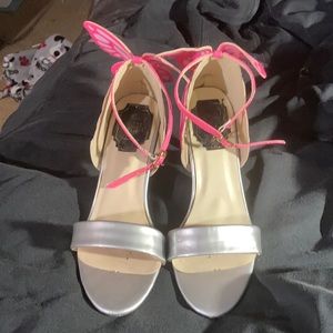Pink white and silver butterfly heels